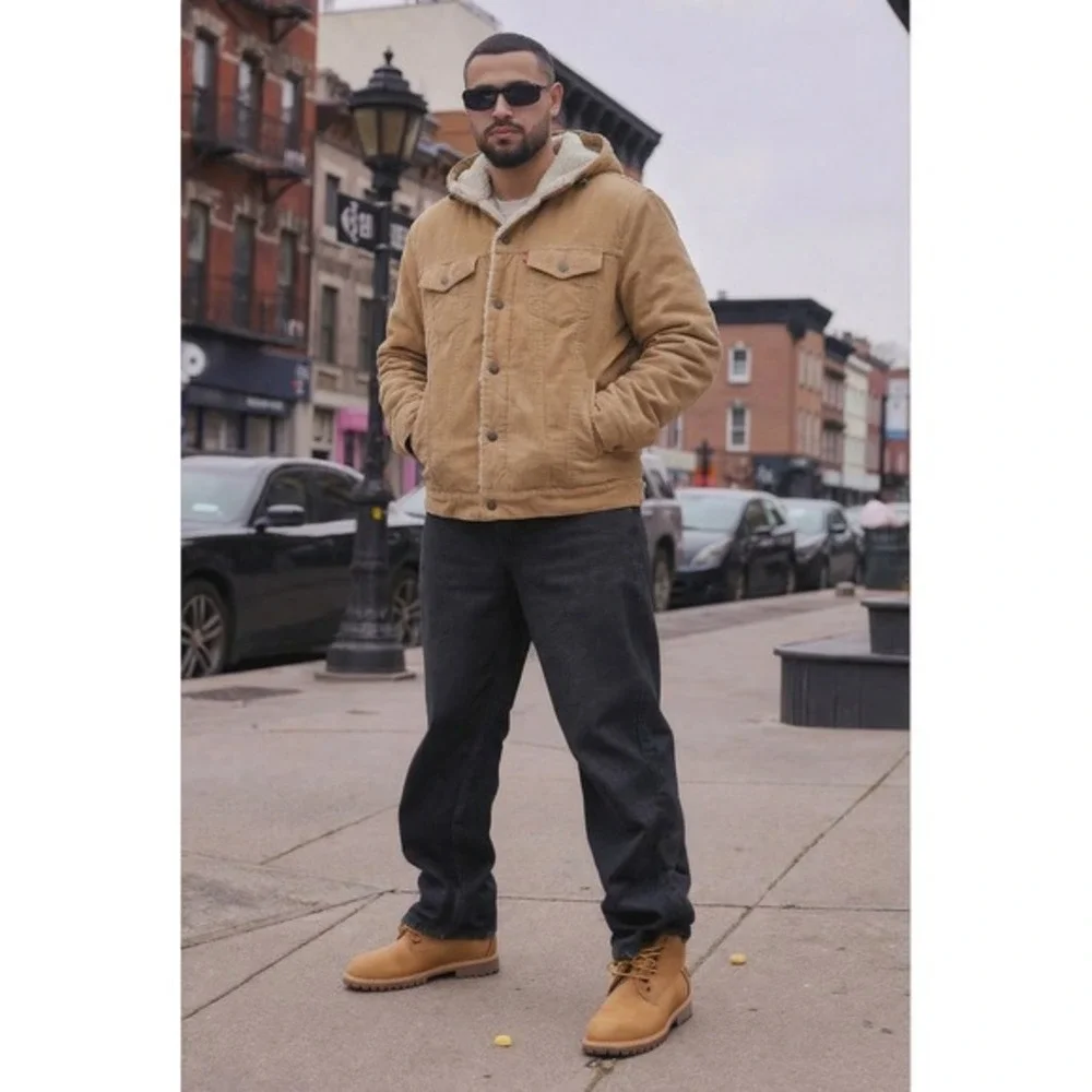 Levi Strauss Corduroy Sherpa Lined Hooded Trucker Jacket Tan Size‎ S